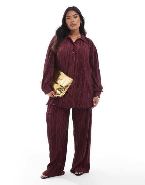 4th & Reckless Plus plisse wide leg trousers co-ord in burgundy