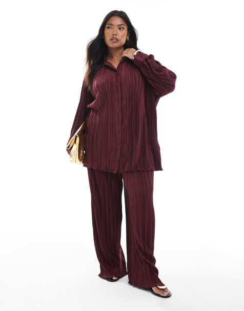 4th & Reckless Plus plisse collared button front shirt and wide leg trousers co-ord in burgundy - view 1