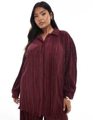 4th & Reckless Plus 4th & Reckless Plus plisse collared button front shirt co-ord in burgundy