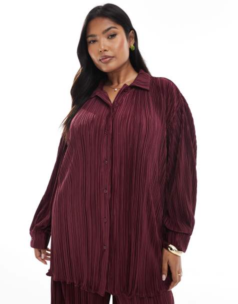 4th & Reckless Plus plisse collared button front shirt co-ord in burgundy - view 1