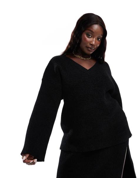 4th & Reckless Plus ribbed knit V-neck oversized sweater in black - part of a set - view 1