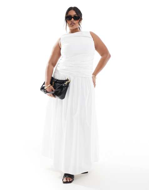 4th & Reckless Plus ruched poplin sleeveless drop waist maxi dress in white - view 1