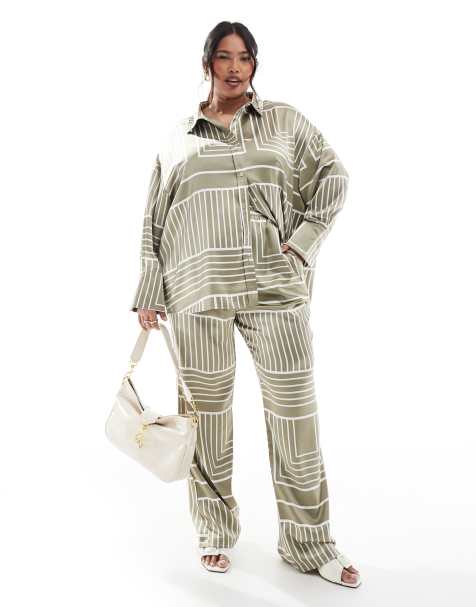 4th & Reckless - Plus - Satijnen broek met wijde pijpen in saliegroen met print, deel van co-ord set - view 1