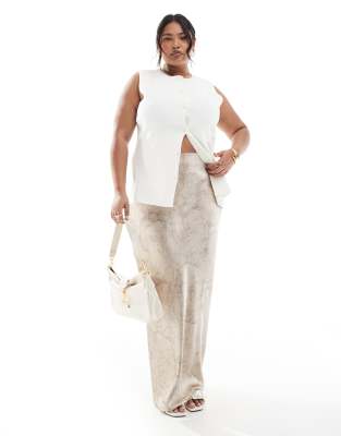 4th & Reckless Plus 4th & Reckless Plus satin maxi skirt in beige marble print-Multi