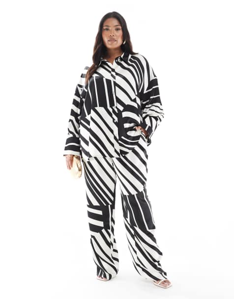 4th & Reckless Plus satin wide cuff shirt and wide leg pants set in black and white print - view 1