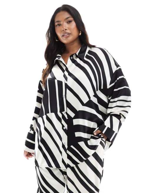 4th & Reckless Plus satin wide cuff shirt in black and white print - part of a set
