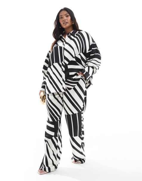 4th & Reckless Plus satin wide leg pants in black and white print - part of a set - view 1