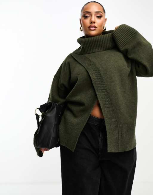 4th & Reckless Plus – Sweter z odwijanym golfem i rozcięciem z przodu w kolorze khaki