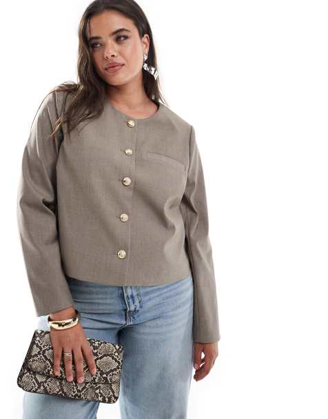 4th & Reckless Plus tailored gold button through jacket in taupe - view 1