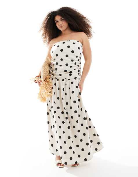 4th & Reckless Plus - Vestito a fascia lungo arricciato in misto lino color crema a pois con vita scesa - view 1