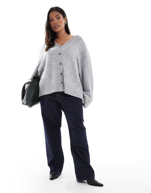 4th & Reckless Plus wool feel soft knit drop shoulder cardigan in grey, 2 of 4