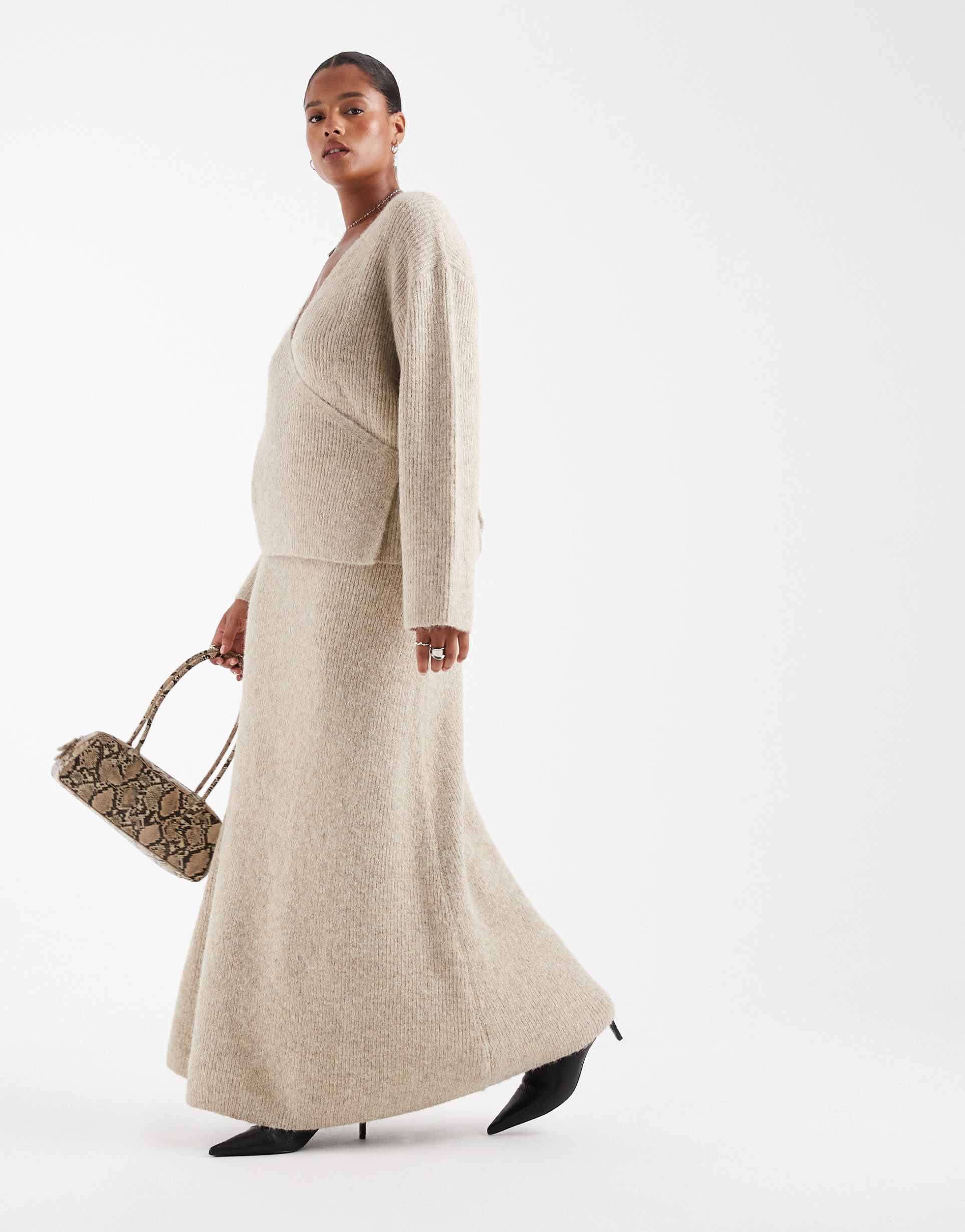 4th & reckless plus wool feel soft knit maxi skirt in beige - part of a set