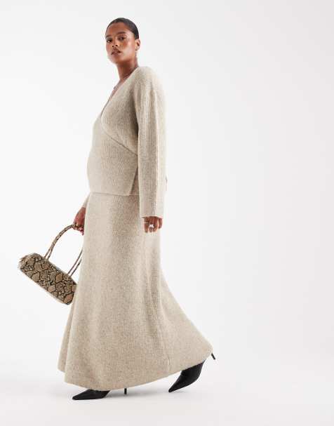 4th & Reckless Plus wool feel soft knitted maxi skirt co-ord in beige