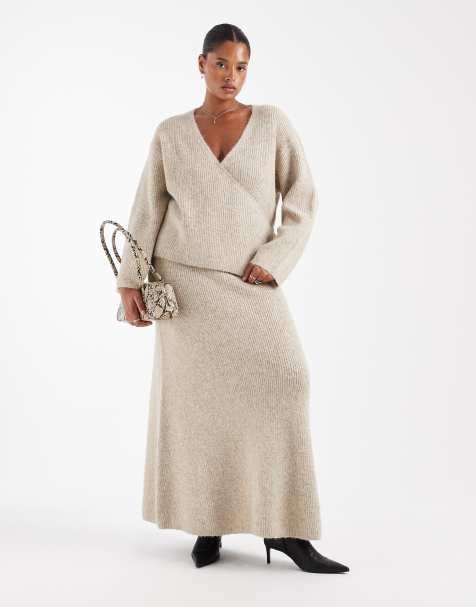 4th & Reckless Plus wool feel soft knit wrap tie detail cardigan and maxi skirt co-ord in beige - view 1