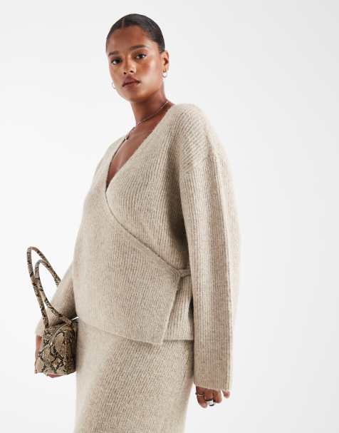 4th & Reckless Plus wool feel soft knit wrap tie detail cardigan co-ord in beige