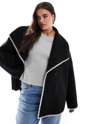 wool look oversized lapel jacket with contrast stitch in black