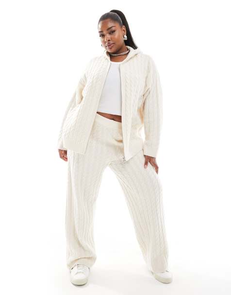 4th & Reckless Plus wool mix cable knit longline hoodie and flared trousers co-ord in cream - view 1