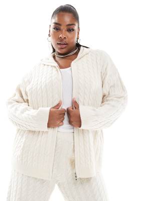 4th & Reckless Plus 4th & Reckless Plus wool mix cable knit longline hoodie co-ord in cream-White