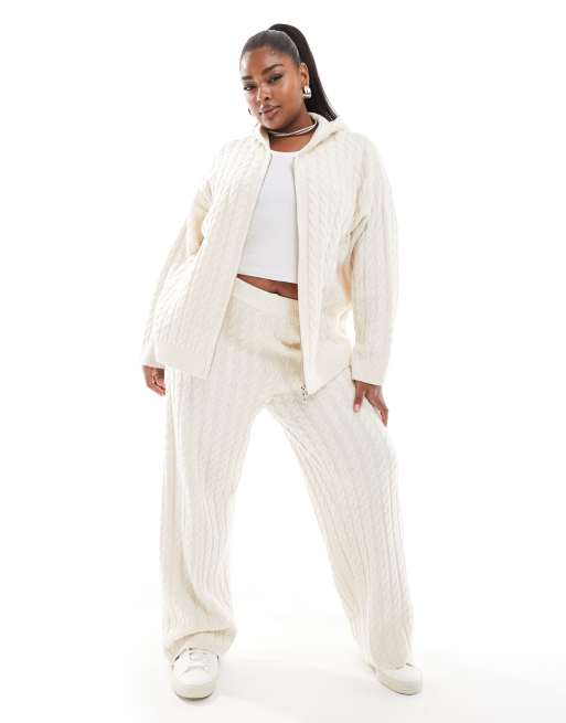 4th & Reckless Plus wool mix cable knit longline hoodie in cream - part of a set