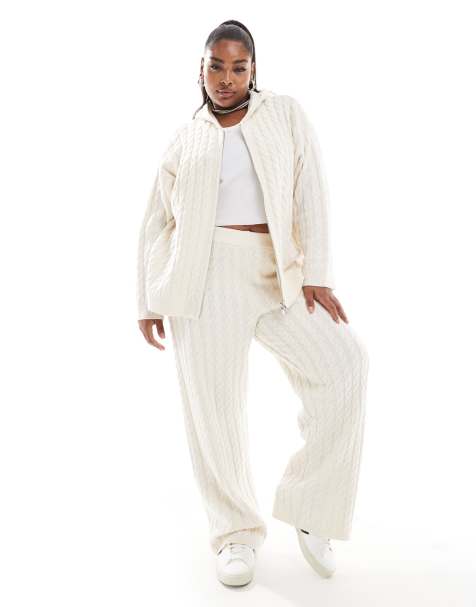 4th & Reckless Plus wool mix cable knit wide leg pants in cream (part of a set) - view 1