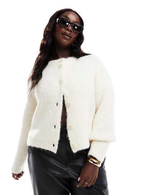 4th Reckless Plus wool mix fluffy knit cardigan in cream ASOS