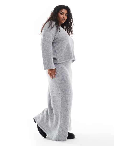 4th & Reckless Plus wool mix fluffy knit jumper and maxi skirt co-ord in grey - view 1