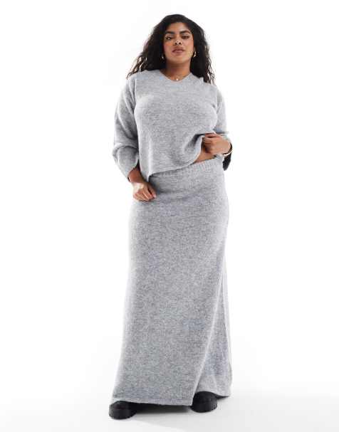 4th & Reckless Plus wool mix fluffy knit maxi skirt co-ord in grey - view 1
