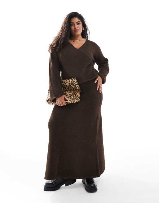 4th Reckless Plus wool mix fluffy knit maxi skirt in chocolate