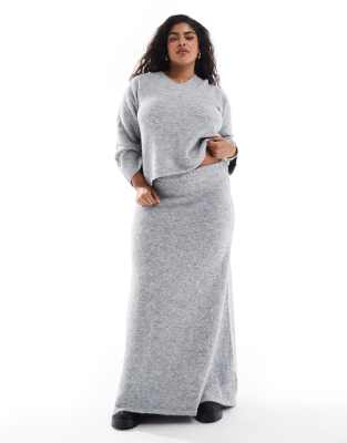 wool mix fluffy knit maxi skirt in gray - part of a set