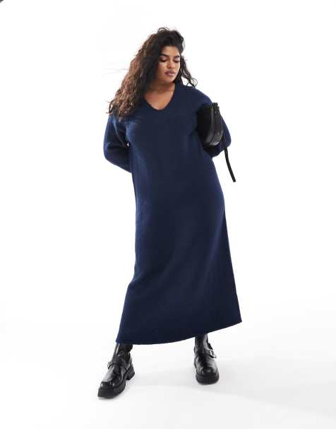 4th & Reckless Plus wool mix fluffy knit v neck maxi jumper dress in navy - view 1