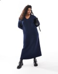 [4th & Reckless Plus] 4th & Reckless Plus wool mix fluffy knit v neck maxi jumper dress in navy 18 NAVY