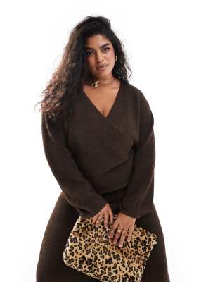 4th & Reckless Plus 4th & Reckless Plus wool mix fluffy wrap tie side cardigan co-ord in chocolate-Brown