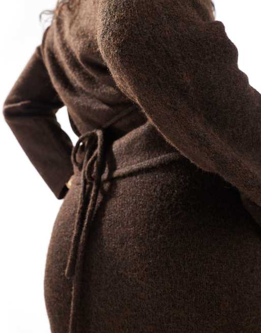 4th & Reckless Plus wool mix fluffy wrap tie side cardigan co-ord in chocolate, 3 of 4