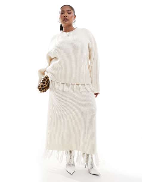 4th & Reckless Plus wool mix tassel edge jumper and maxi skirt co-ord in cream - view 1