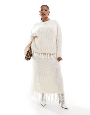 4th & Reckless Plus 4th & Reckless Plus wool mix tassel edge knitted maxi skirt co-ord in cream-White