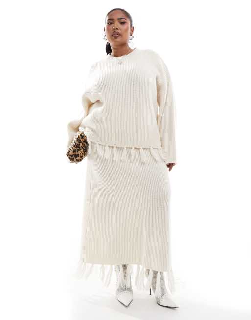 4th & Reckless Plus wool mix tassel edge sweater and maxi skirt set in cream