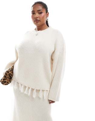 4th & Reckless Plus 4th & Reckless Plus wool mix tassel edge wide sleeve jumper co-ord in cream-White