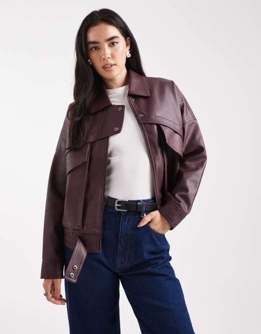 4th & Reckless pocket detail faux leather aviator jacket in burgundy