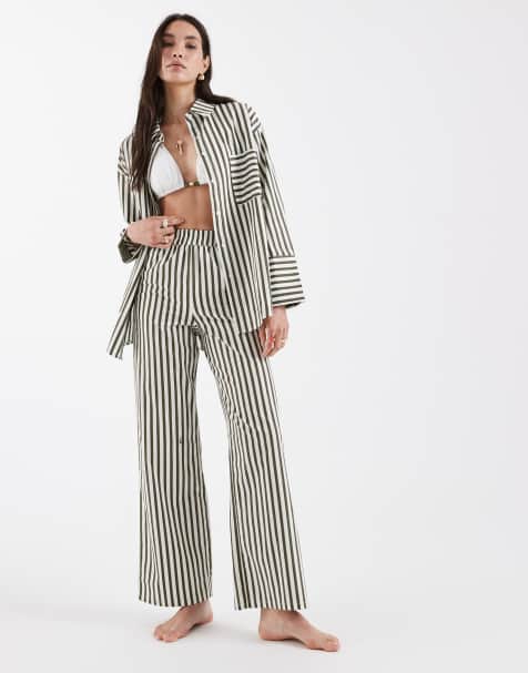 4th & Reckless pocket front oversized beach shirt and wide leg beach trouser co-ord in olive & white stripe - view 1