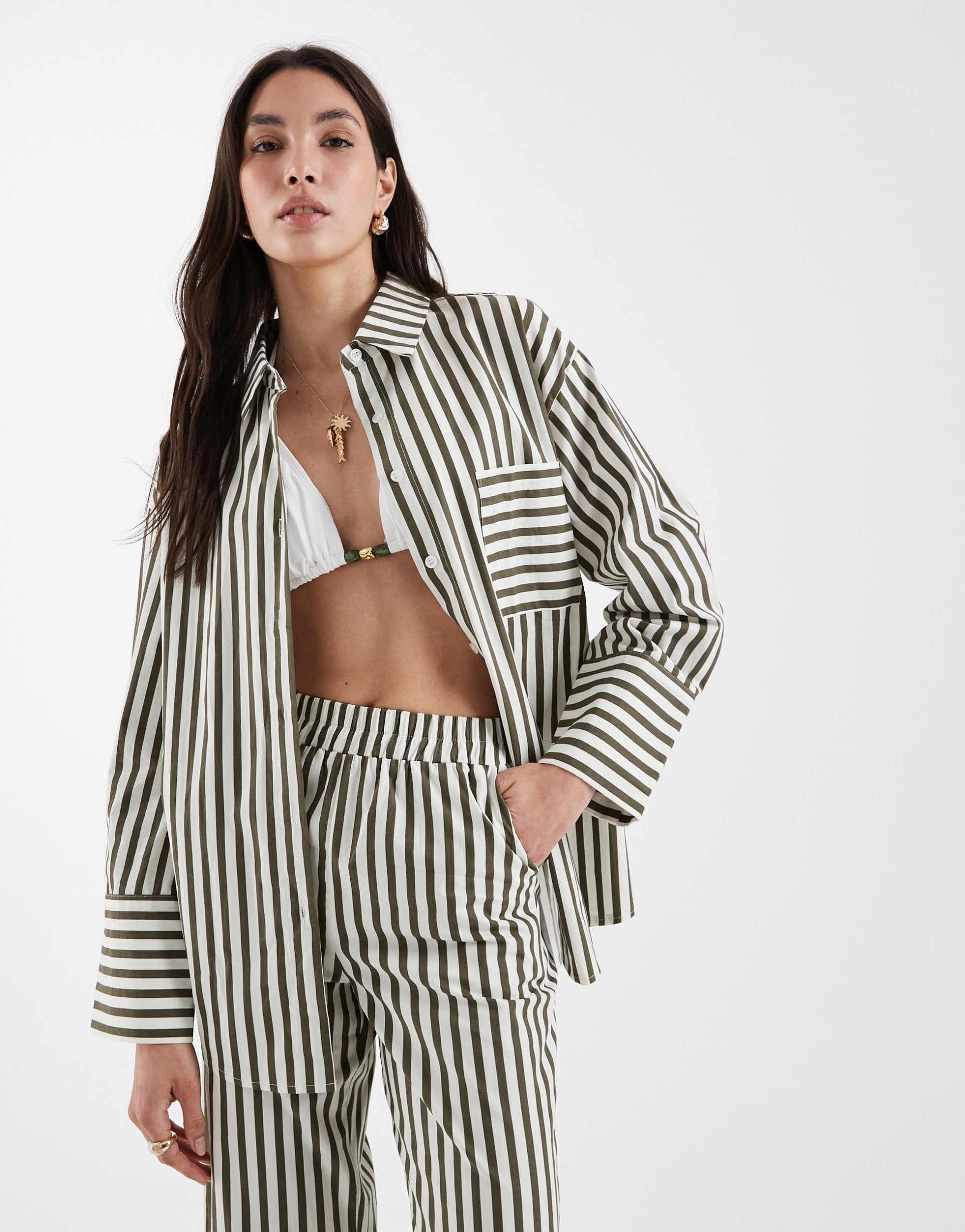 4th & reckless pocket front oversized beach shirt in olive & white stripes - part of a set
