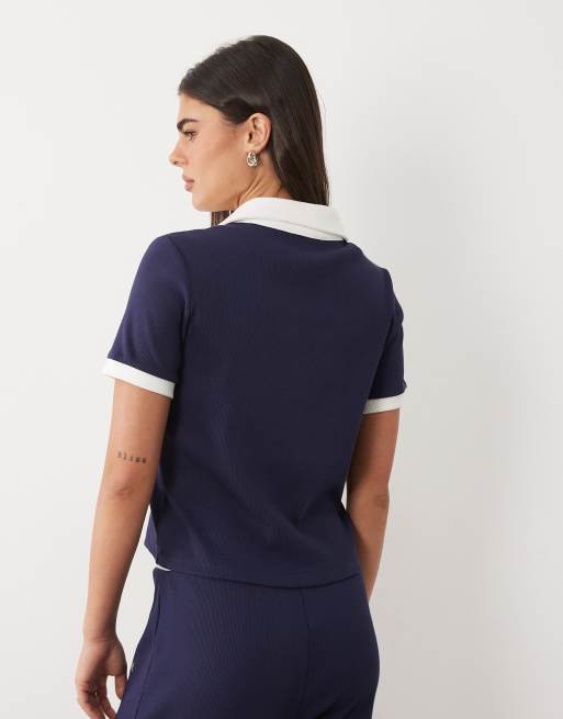 4th & Reckless - Polo d'ensemble en coton côtelé à col et bordures contrastantes avec logo sur le devant - Bleu marine, 2 de 4