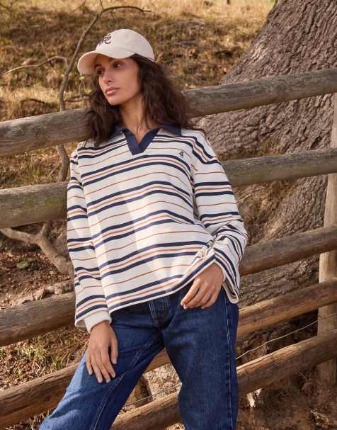 4th & Reckless - Polo rayé oversize à manches longues avec logo brodé et col contrastant - Crème/bleu marine - view 1