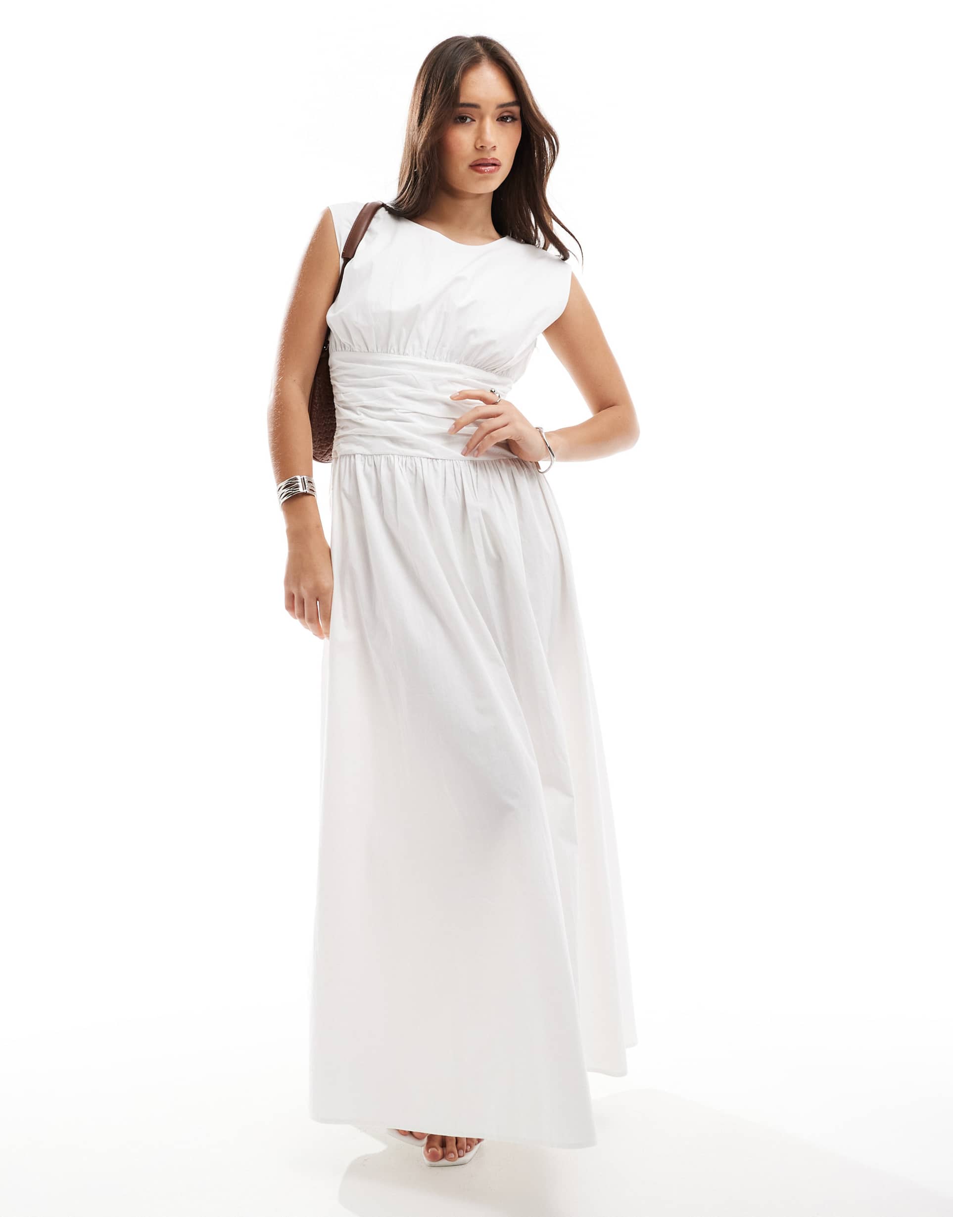 4th & reckless poplin dropped waist drape detail maxi dress in white
