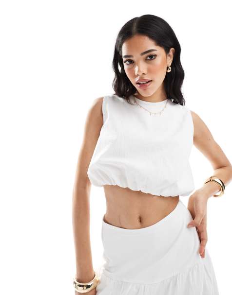 4th & Reckless poplin structured cropped bubble top co-ord in white - view 1