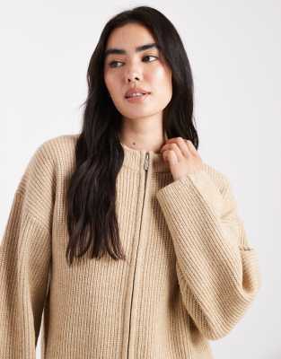4th & Reckless Premium High Neck Double Zip Knit Bomber Cardigan In Neutral