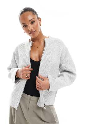 premium high neck double zip knit bomber jacket in gray