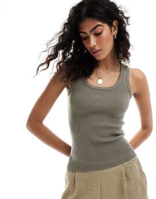 premium knit ribbed embroidered logo tank top in olive-Green