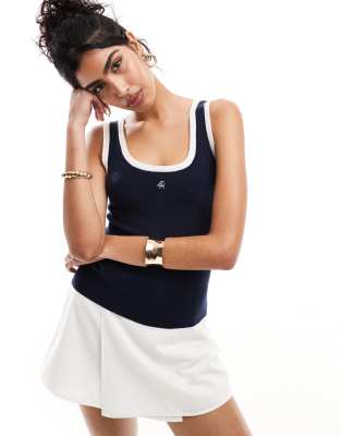 premium knitted contrast edge embroidered logo tank top in navy