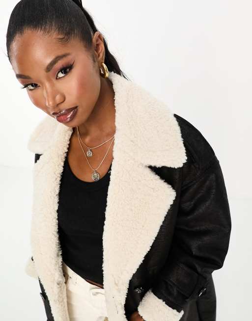 4th Reckless premium longline contrast faux shearling coat in