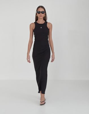 premium ribbed embroidered logo racer back maxi dress in black